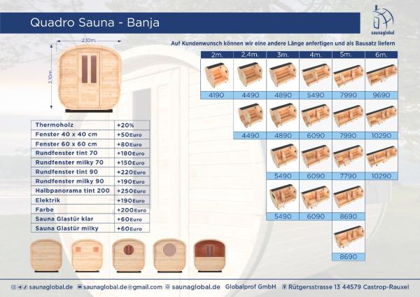 Fasssauna / Gartensauna / Banja / Quadro 5,0 m mit Vorraum und Balkon
